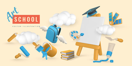Art school concept. 3d realistic easel, paint tube, brush, roller brush, color palette, pencil, tin of paint, book, alarm clock, graduation cap and diploma in cartoon style. vector illustration.のイラスト素材
