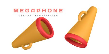Realistic 3d plastic megaphone in cartoon style. vector illustration.のイラスト素材