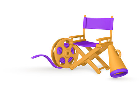 Cinema and Movie time. Film reel, director chair, loudspeaker in plastic cartoon style. vector illustration.のイラスト素材