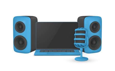 3d microphone, laptop and audio speaker in plastic cartoon style. vector illustration.のイラスト素材