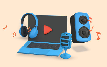 3d music banner. Realistic microphone, laptop, music notes, headphone and audio speaker in plastic cartoon style. vector illustration.のイラスト素材