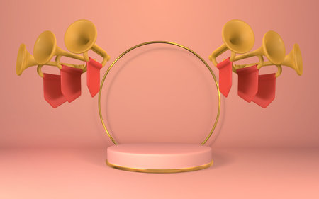 3d realistic stage with fanfare in plastic cartoon style. vector illustration.
