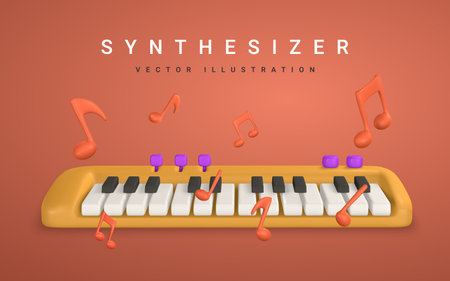 3d realistic synthesizer with music note. Music concept design in plastic cartoon style. vector illustration.のイラスト素材