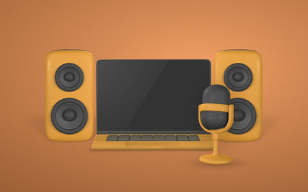3d microphone, laptop and audio speaker in plastic cartoon style. vector illustration.のイラスト素材