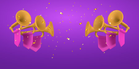 3d realistic fanfare with confetti. Music concept design in plastic cartoon style. vector illustration.のイラスト素材