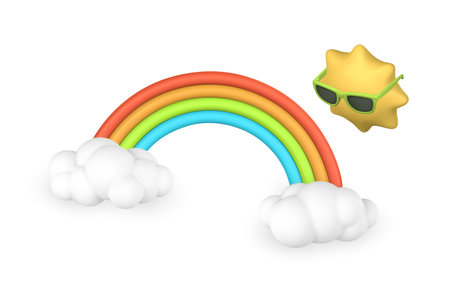 3d rainbow with clouds and sun in cartoon style. Phenomenon Concept. vector illustration.のイラスト素材
