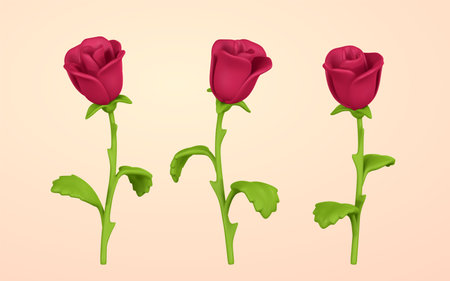 3D flower. Cute red rose in cartoon style for bouquet or decoration. vector illustration.のイラスト素材