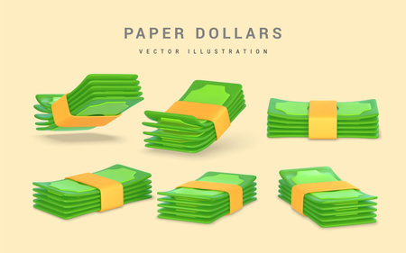 3D green dollars in cartoon style. Business and finance object for banner design. Vector illustration.のイラスト素材