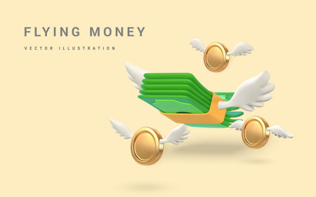 3D green flying stack of money and gold coins with white wings in cartoon style. Business and finance object for banner design. Vector illustration.のイラスト素材