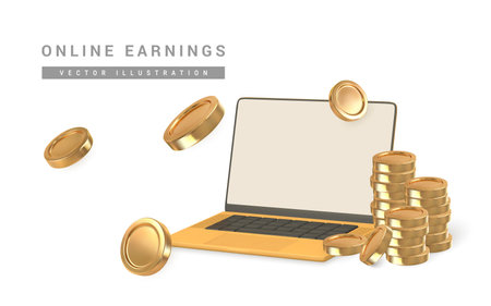 3D laptop with gold coins stack in cartoon style. Online earnings. Vector illustration.のイラスト素材
