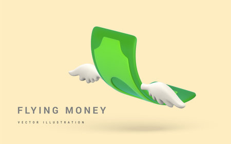 3D green flying dollar with white wings in cartoon style. Business and finance object for banner design. Vector illustration.のイラスト素材