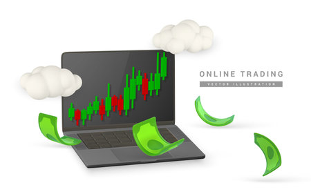 3d stock online trading with laptop, investment graph and flying stack of money in cartoon style. Vector illustration.のイラスト素材