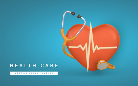 3d realistic medical stethoscope with heart icon in cartoon style. Wellness and online healthcare concept. Vector illustration.のイラスト素材