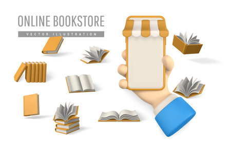 3d online bookstore. Smartphone with striped shop canopy and books. Modern online shopping, application for smartphone. Vector illustration.のイラスト素材