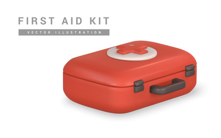 3d realistic first aid kit, emergency box in cartoon style. Hospital doctor care bag. Symbol of safety, urgency help. Pharmacy advertisement. Vector illustration.のイラスト素材