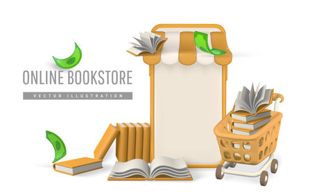 3d online bookstore. Smartphone books. Modern online shopping, application for smartphone. Vector illustration.のイラスト素材