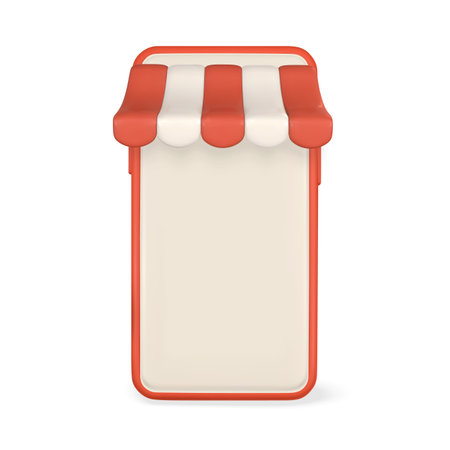 3d online shop. Smartphone with striped shop canopy. Modern online shopping, application for smartphone. Vector illustration.のイラスト素材