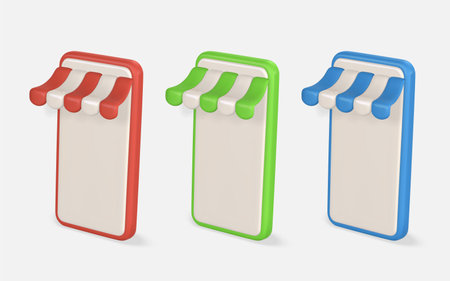 3d online shop. Smartphone with striped shop canopy. Modern online shopping, application for smartphone. Vector illustration.のイラスト素材