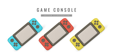 Realistic 3d game console in cartoon style. Pocket device for video games. Vector illustration.のイラスト素材