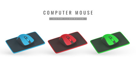 Realistic 3d computer wireless mouse on pad in cartoon style. Computer equipment concept. Vector illustration.のイラスト素材