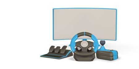 Realistic 3d computer monitor, game steering wheel, pedals, shifter. Game stick, controller, video game console. Game concept. Vector illustration.のイラスト素材
