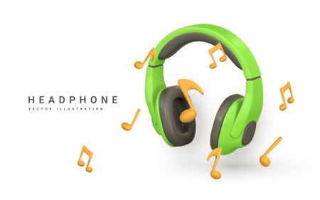 3d realistic color headphone with music note for music concept design in plastic cartoon style. vector illustration.のイラスト素材