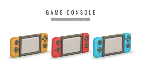 Realistic 3d game console in cartoon style. Pocket device for video games. Vector illustration.のイラスト素材