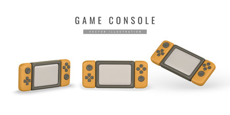 Realistic 3d game console in cartoon style. Pocket device for video games. Vector illustration.のイラスト素材