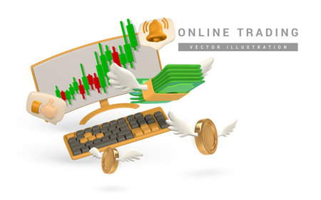 3d stock online trading with monitor and keyboard, flying green dollar stack and gold coins, investment graph and flying stack of money in cartoon style. Vector illustration.のイラスト素材