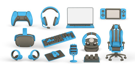 3d realistic gamer accessories and equipment set. Laptop, steering wheel, keyboard, mouse, microphone, headphones, chair, VR glasses, game pad. Vector illustration.のイラスト素材