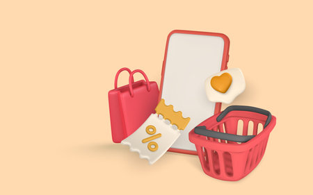 3d online shop. PC monitor and keyboard with shopping bag, basket, discount coupon and gift box. Modern online shopping. Vector illustration.のイラスト素材
