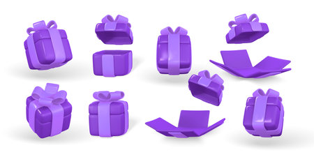 3d gift box with purple bow. Plastic box with shadow isolated on light background. Vector illustration.のイラスト素材