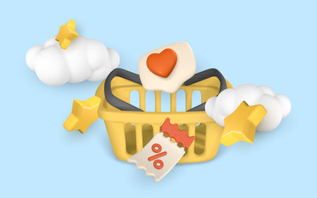3d online shopping banner in cartoon style. Shopping cart, social icon, clouds, star and discount coupon. Vector illustration.のイラスト素材