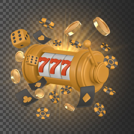 Realistic 3d online casino game concept. Slot machine, poker chips, dice. Gambling concept. Vector illustration.のイラスト素材