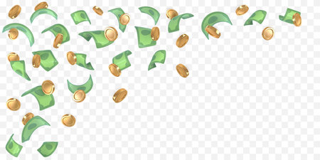 3d dollar notes and gold coins falling. Financial success concept. Vector illustration.のイラスト素材