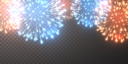 Colorful Fireworks Border Display with Bright Sparkles and Light Bursts on Dark Transparent Background, Perfect for Celebration, Party, Holiday, and Event Designs. Vector Illustration.のイラスト素材