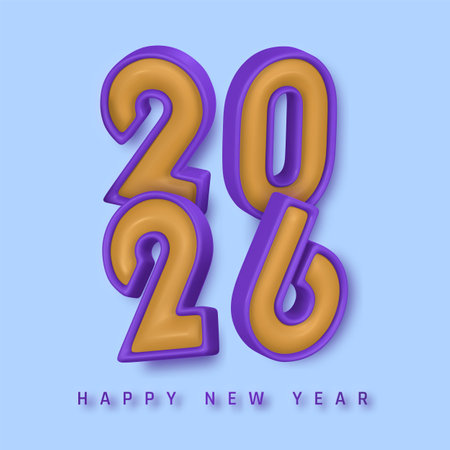 2026 Happy New Year Design With Bold 3D Typography In Purple And Gold On Light Blue Background, Modern Minimal Style For Holiday Greetings Or Cards. Vector Illustration.のイラスト素材