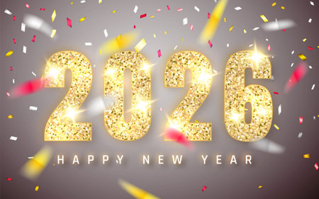 New Year 2026 Celebration With Golden Glitter Numbers, Falling Confetti, And Elegant Lighting On A...