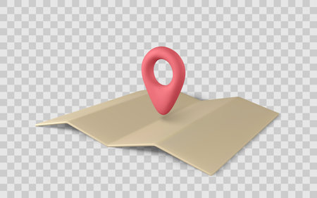 Map Location Pin 3D Icon on Folded Paper Map with Transparent Background. Perfect for GPS, Navigation, Travel App, or UI Design Projects. Clean and Simple Style. Vector Illustration.のイラスト素材