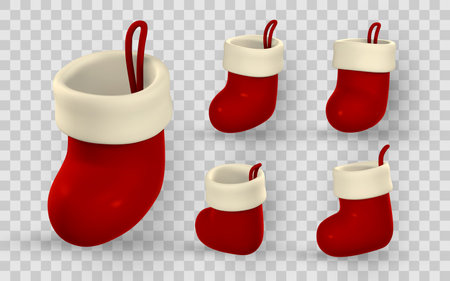 Christmas Stocking Icon Set in 3D Cartoon Style. Red and White Sock Decorations with Loop for Hanging. Festive Holiday Element Pack. Vector Illustration.のイラスト素材