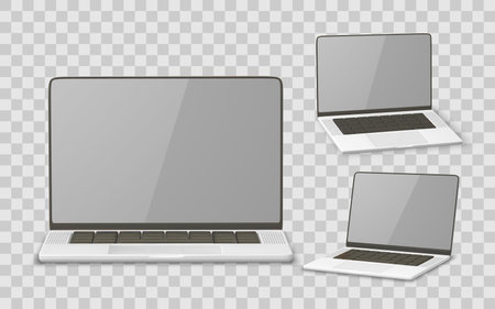 Laptop Mockup, Realistic Computer Device Template With Keyboard And Screen, Front And Isometric Views, Transparent Background. Vector Illustration.のイラスト素材