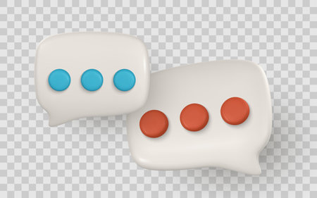 3D Chat Message Bubbles with Speech Dots in Modern Style. Colorful Minimal Communication Icons on Transparent Background. Perfect for App UI or Web. Vector Illustration.のイラスト素材