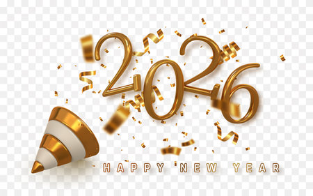 Golden 2026 Happy New Year Celebration With Shiny 3D Numbers, Party Popper, And Confetti On Transparent Background. Elegant Festive Holiday Design For Winter Season. Vector Illustration.のイラスト素材