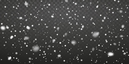Falling Snow Background With White Particles On Dark Transparent Effect. Winter Holiday Overlay For Christmas, New Year, And Seasonal Design Projects. Vector Illustration.のイラスト素材