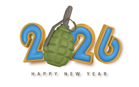 Happy New Year 2026 Typography With Green Hand Grenade And Bright Blue And Gold Numbers, Creative...