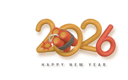 New Year 2026 Greeting Design With Dynamite And Explosion Icon, Creative Holiday Artwork Combining...
