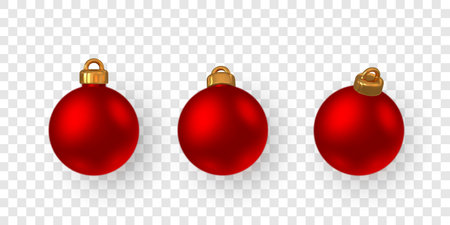 Red Christmas Balls With Golden Caps On Transparent Background. Realistic Festive Decoration For Holiday Design And New Year Celebration. Vector Illustration.のイラスト素材