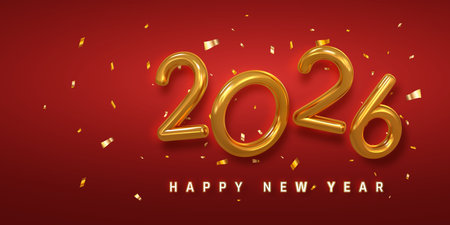Happy New Year 2026 Design With Golden Numbers And Shiny Confetti On Red Background. Elegant Festive...