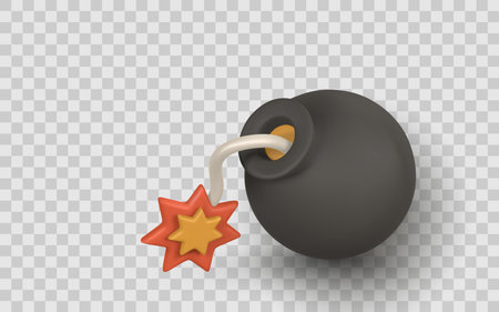 3D Cartoon Bomb With Burning Fuse And Fire Spark, Isolated On Transparent Background, Perfect For Game Design, App Icon, Comic Art, And Explosive Concept Projects. Vector Illustration.のイラスト素材