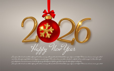 Golden 2026 New Year Design With Red Christmas Ball, Shiny Gold Numbers, And Elegant Script Text On Gray Background. Luxury Festive Holiday Greeting Vector Illustration.のイラスト素材
